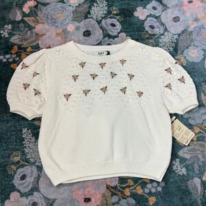 NWT Oat New York Sweater Small White Floral rosette Short Sleeve Cropped Knit To